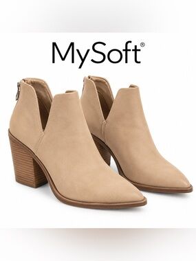 MySoft Women’s Size 8 Tan Pointed Toe Cutout Ankle Booties Block